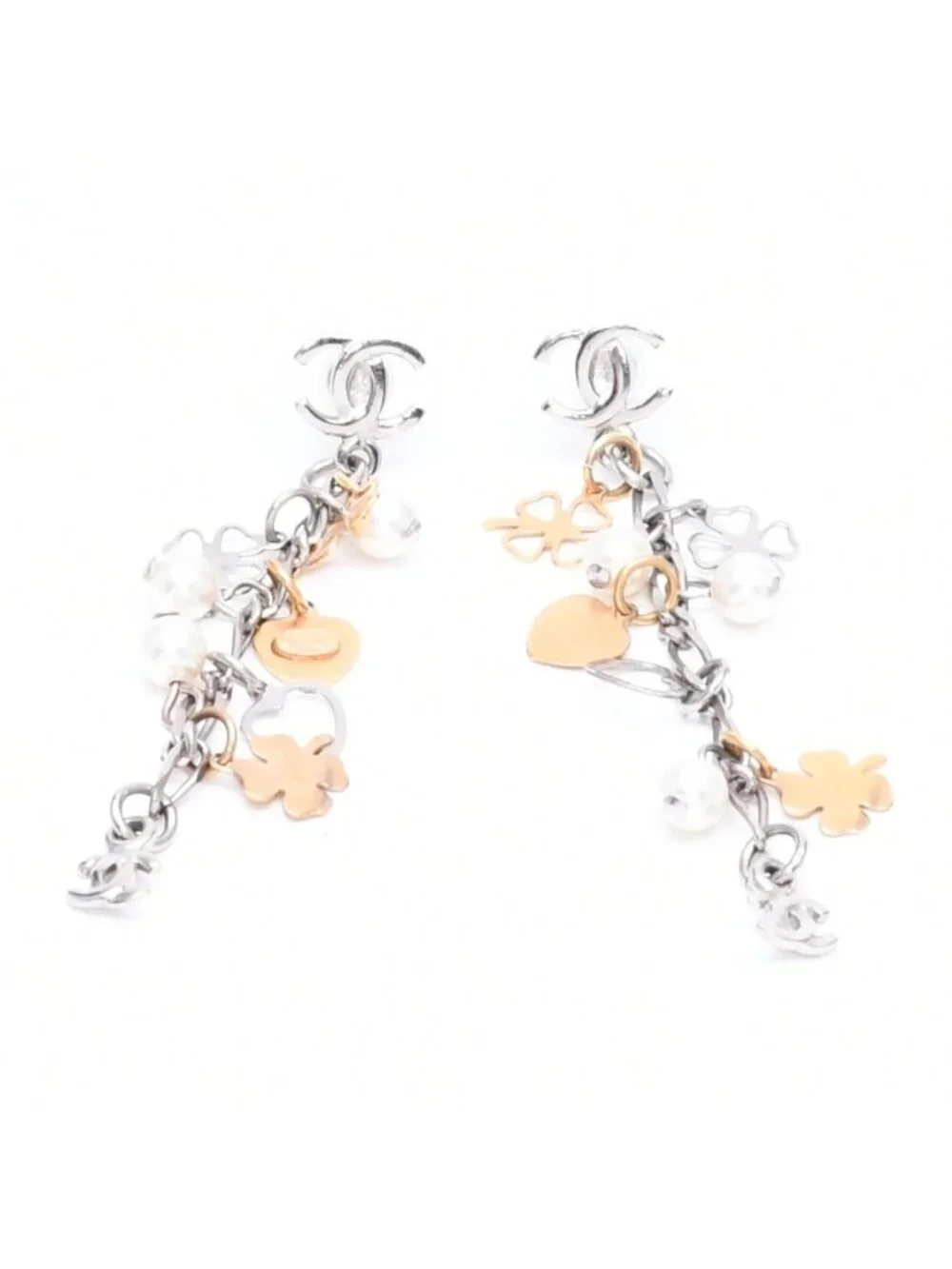 Chanel Drop Earrings 06 CC Logo Clover Heart Faux Pearl